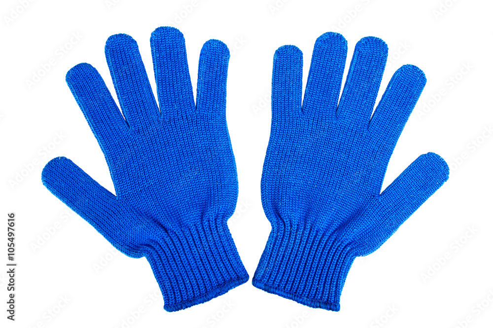 new pair of blue gardening gloves on white isolated background new pair of blue gardening gloves on white isolated background