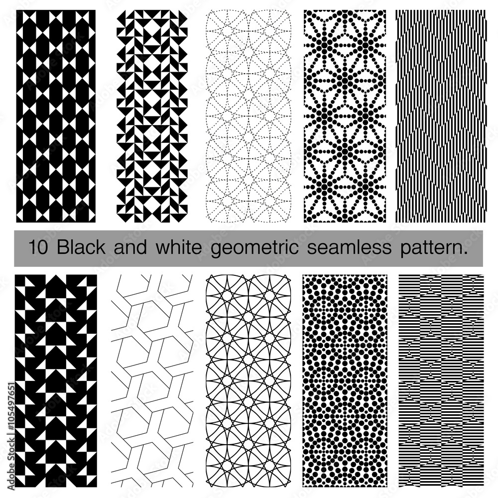 Collection of black and white geometric seamless pattern.