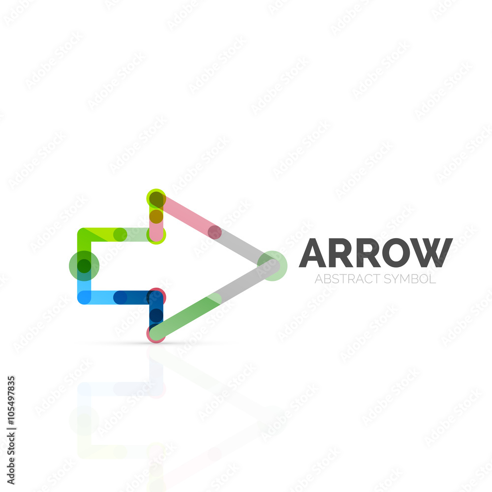 Linear arrow abstract logo, connected multicolored segments of lines in directional pointer figure Linear arrow abstract logo, connected multicolored segments of lines in directional pointer figure