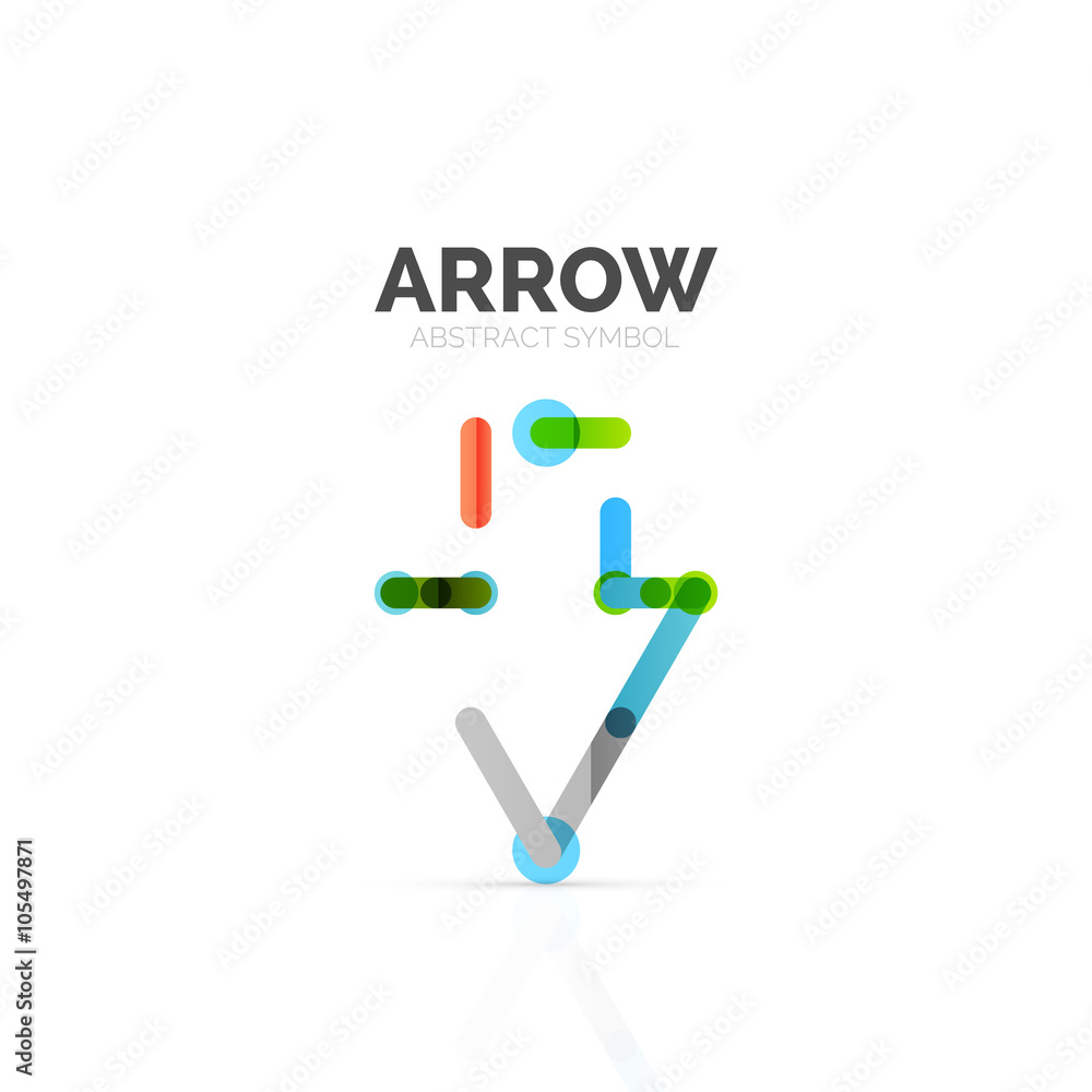 Linear arrow abstract logo, connected multicolored segments of lines in directional pointer figure Linear arrow abstract logo, connected multicolored segments of lines in directional pointer figure