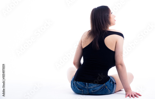 Hot busty lady, black top, jeans shirt