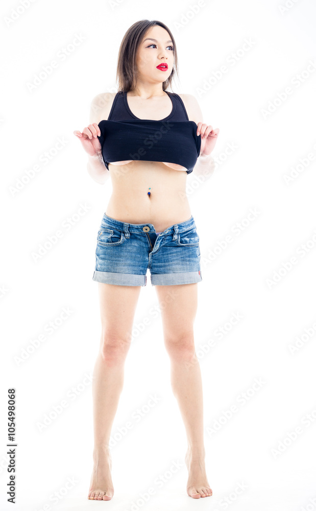 Naked woman jeans shirt on the white background Stock Photo | Adobe Stock