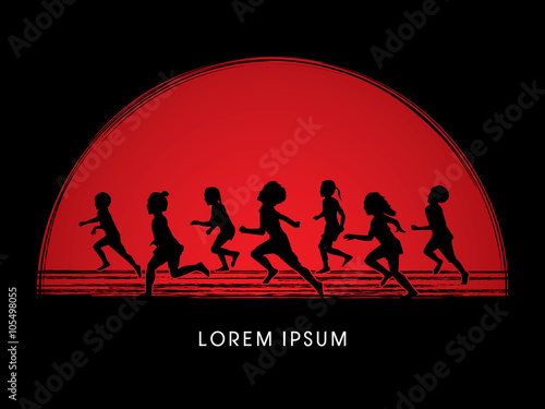 Silhouette, Children running, Designed on sunset background graphic vector.