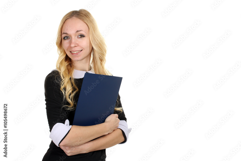 girl in black dress holding a clipboard isolated on white background girl in black dress holding a clipboard isolated on white background