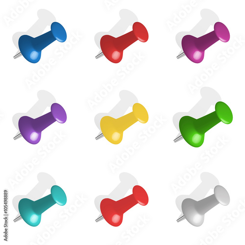 Set of push pins in different colors. Thumbtacks. Vector illustration. Isolated on white background. Set icon. Pin set. Thumbtack vector set. Driving design. Isolated image.