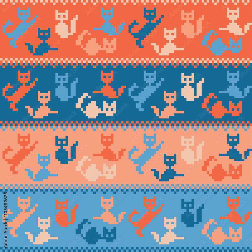 Seamless vector background with pixel cats. Print. Cloth design, wallpaper.