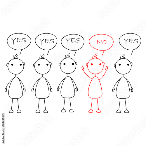 Cartoon stick figures saying yes with one person saying no