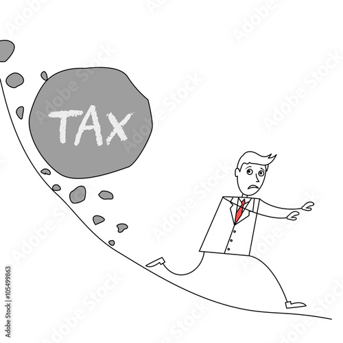 Cartoon businessman escaping from landslide with huge rock labelled Tax
