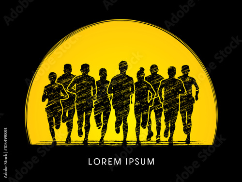 Marathon runners, crowd of people running, designed using grunge brush on moonlight background graphic vector.