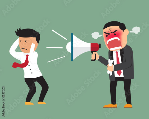 Angry boss shouting at employee on megaphone vector illustration