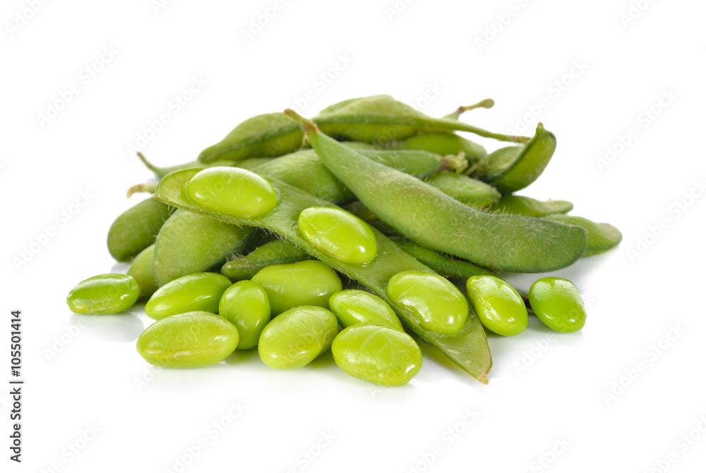 boiled green soybeans on white background boiled green soybeans on white background
