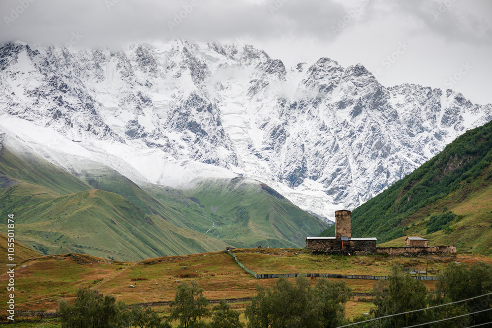 Summer view of Caucasus Mount Shhara from Ushguli village in the upper Svaneti region, Georgia Summer view of Caucasus Mount Shhara from Ushguli village in the upper Svaneti region, Georgia