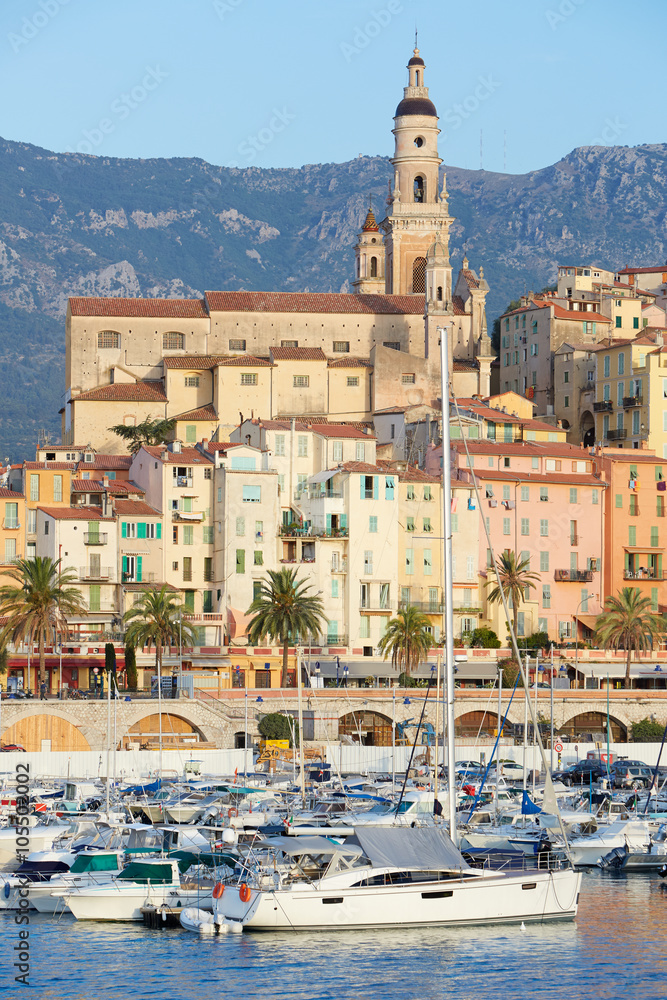 Menton, old city and harbor view in the early morning, French riviera