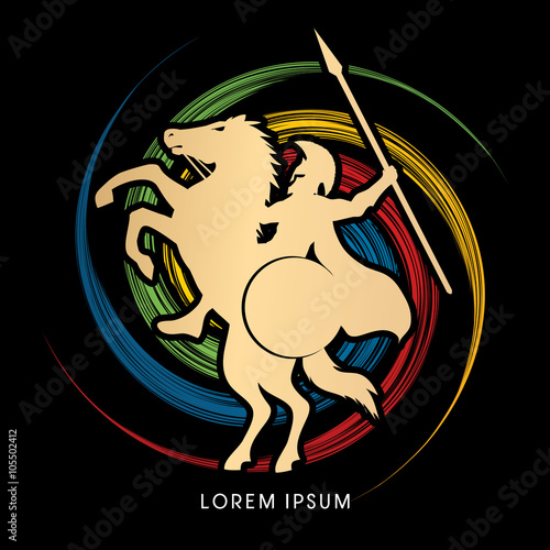 Spartan warrior riders with a spear designed on spin wheel background graphic vector.