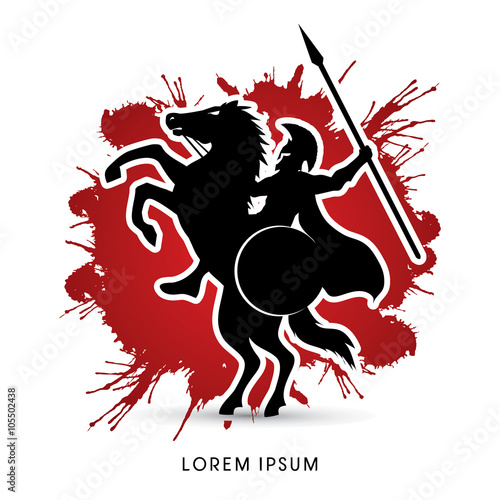 Spartan warrior riders with a spear designed on grunge blood background graphic vector.