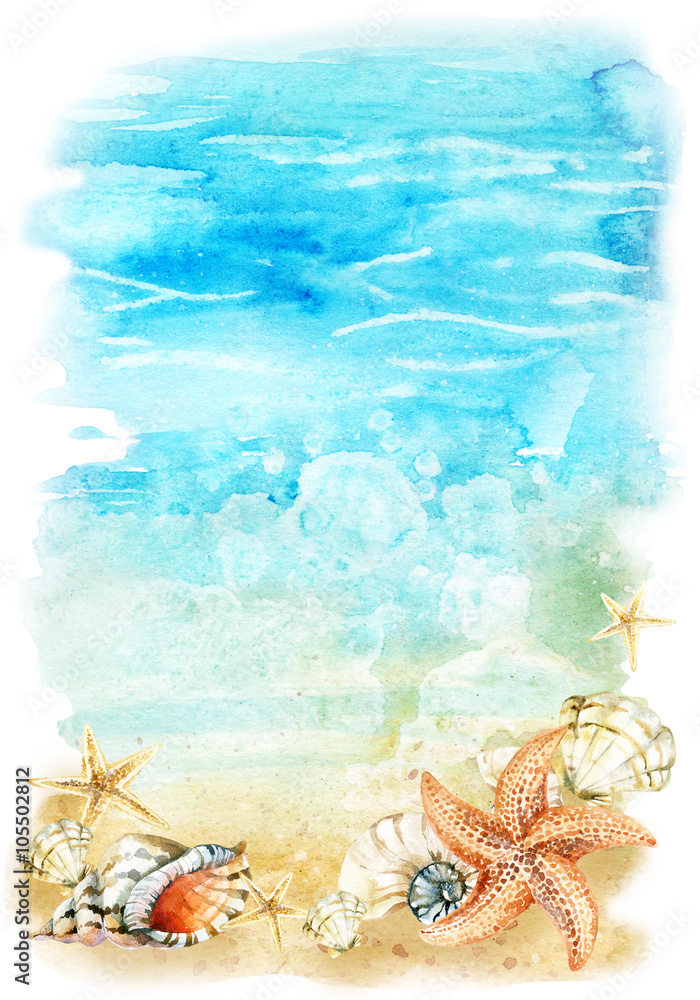 Watercolor beach illustration with sea shells and starfishes Stock ...