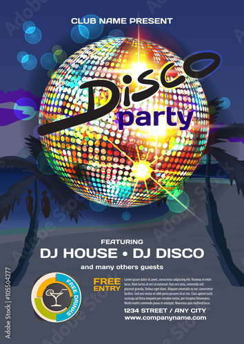 Vector summer party invitation disco style. Night beach, palm tr