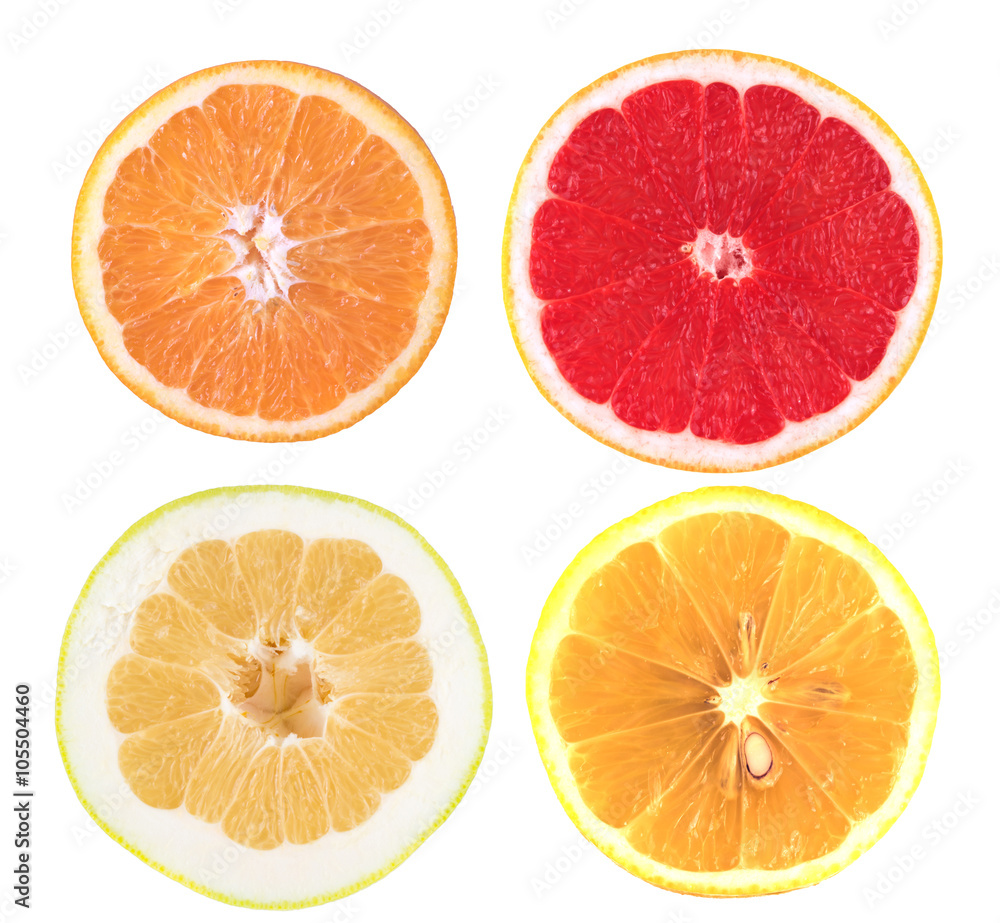 Fototapeta premium Set, sliced citrus. Oroblanco, orange, lemon, grapefruit. Isolated on white.