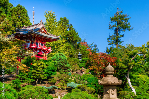 Pagode between beatiful and colorful plants in the Japanese Tea Garden in the Golden Gate Park in San Francisco