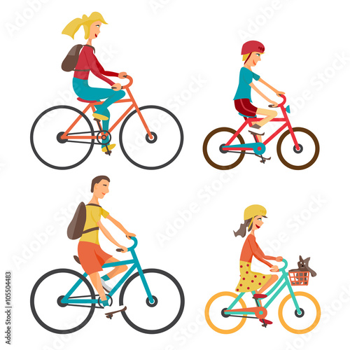 Bicycle Set for family ride. Set man, woman, boy and girl on bic