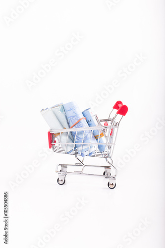 shopping trolley bring money with white background