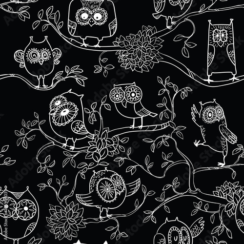  Seamless pattern with owls (line art)