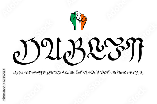 Retro Typography, Vintage Travel Greeting label on blurry background "Greetings from Dublin, Ireland", Vector design.
