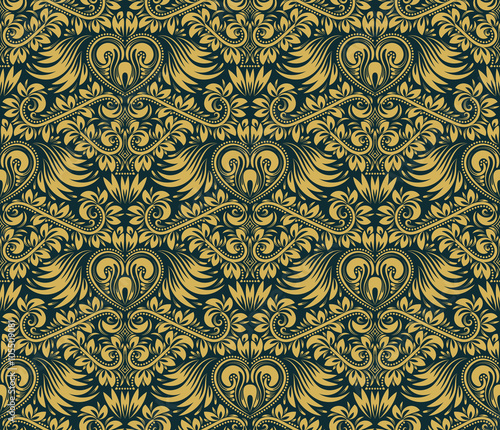 Damask seamless pattern repeating background. Gold blue floral ornament in baroque style. Antique golden repeatable wallpaper.