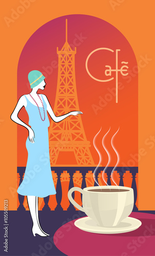 Retro art deco woman stand on the balcony and looking at the Eiffel Tower, Paris. On the table a cup of hot coffee. Vector illustration.