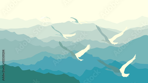 Horizontal illustration flock of swans flying over mountains. photo