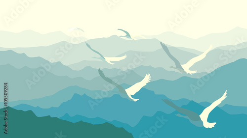 Horizontal illustration flock of swans flying over mountains.