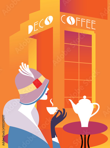 Retro art deco woman sitting at an street cafe. Woman drinking coffee. On the table hot coffee maker. Lettering signboard Deco Coffee Vector illustration. EPS 10