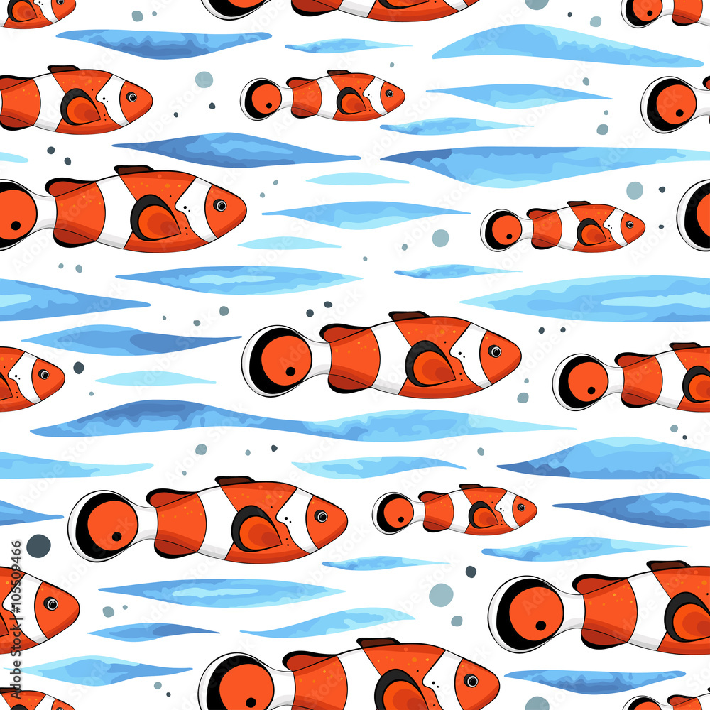 Naklejka premium Pattern with funny fishes, waves and bubbles.