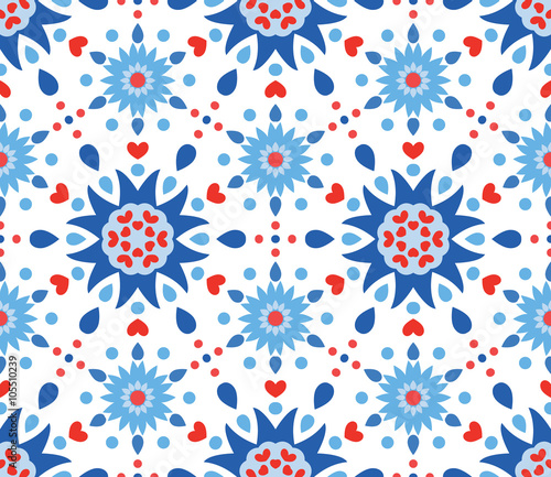Blue Red Flowers and Hearts Pattern