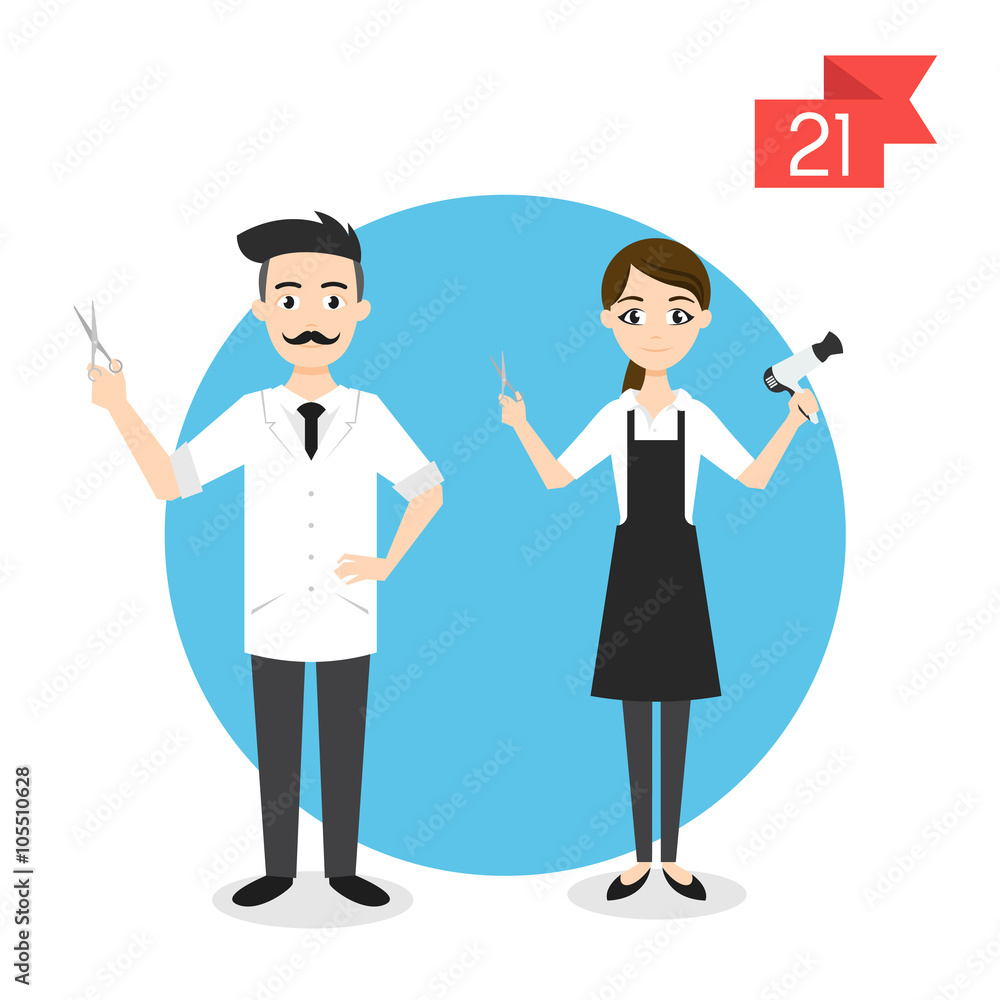 Vector profession characters: man and woman. Barber and hairdresser Vector profession characters: man and woman. Barber and hairdresser