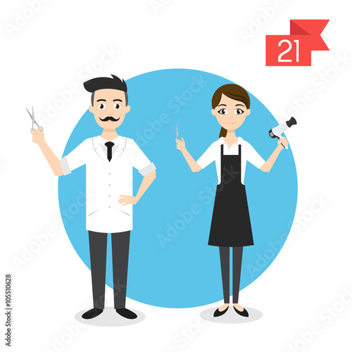 Vector profession characters: man and woman. Barber and hairdresser