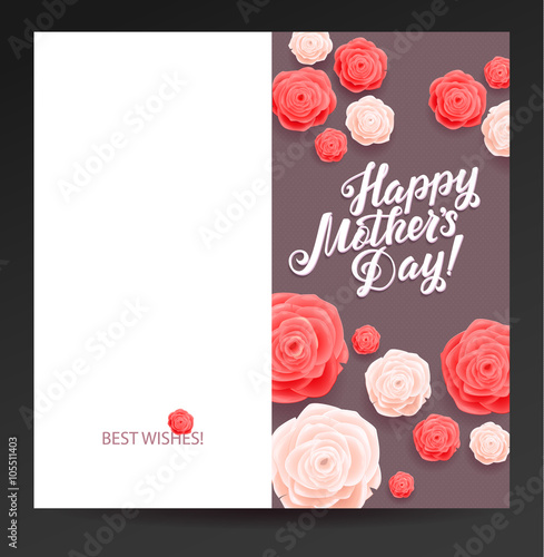 Happy Mothers Day. Beautiful Blooming Rose Flowers on Grey Background. Greeting Card Ready to Print