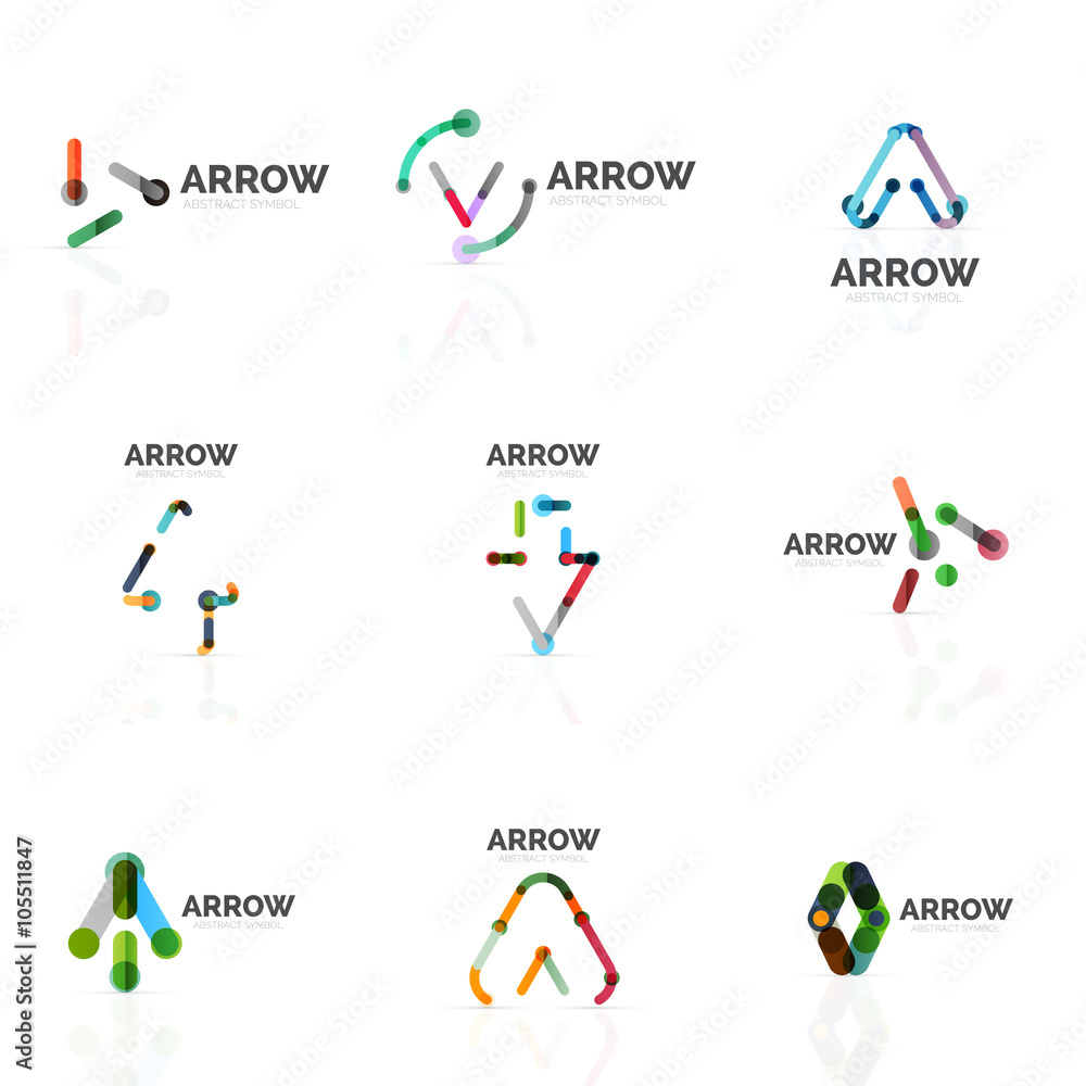 Set of linear arrow abstract logos, connected multicolored segments lines in directional pointer figures