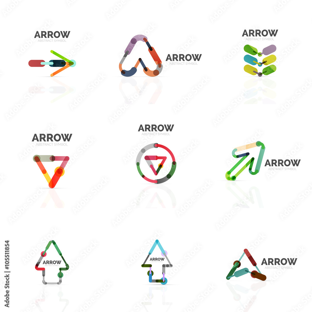 Set of linear arrow abstract logos, connected multicolored segments lines in directional pointer figures Set of linear arrow abstract logos, connected multicolored segments lines in directional pointer figures