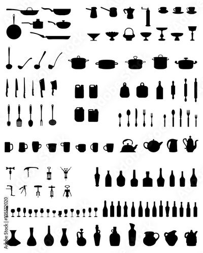 Black silhouettes of kitchenware on a white background, vector