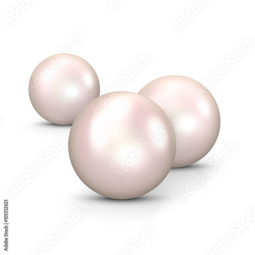 Drei pinkfarbene 3D Vektor Perlen isoliert auf weißem Hintergrund. Designelement für Beauty, Wellness und Spa Design. Pink, Rosa - Zuchtperle, Muschelperle, Austernperle - Illustration