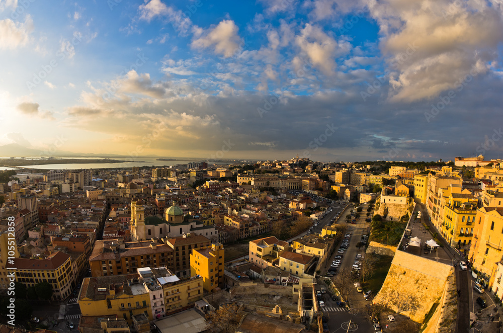 Panoramic view of Cagliari downtown at sunset in Sardinia, Italy