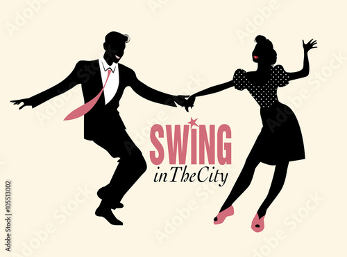 Handsome man and pinup girl dancing swing. Black silhouettes