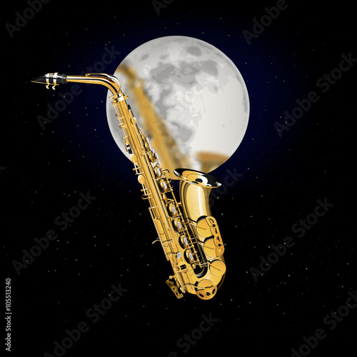 Photography raster version saxophone on a background of the moon