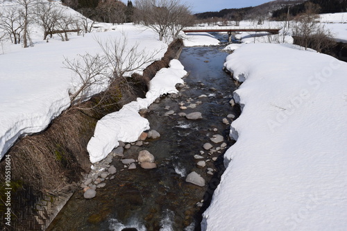 小川の雪溶け／冬は長い期間、鉛色の雲に被われる雪国の山形県ですが、春が近くなると雪が溶け始めます。小川の雪溶け水がせせらぐ風景を撮影した、春の息吹を感じる早春イメージの写真です。