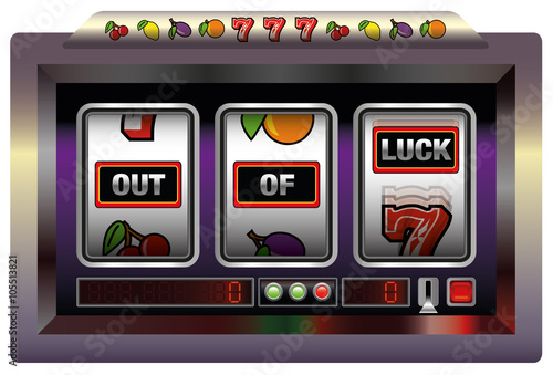 Gaming machine with three reels lettering OUT OF LUCK. Isolated vector illustration on white background.