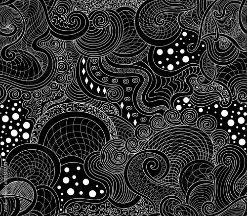 Abstract creative vector seamless pattern with curling ornaments, lines, dots, figured shapes and grid. Decorative endless texture