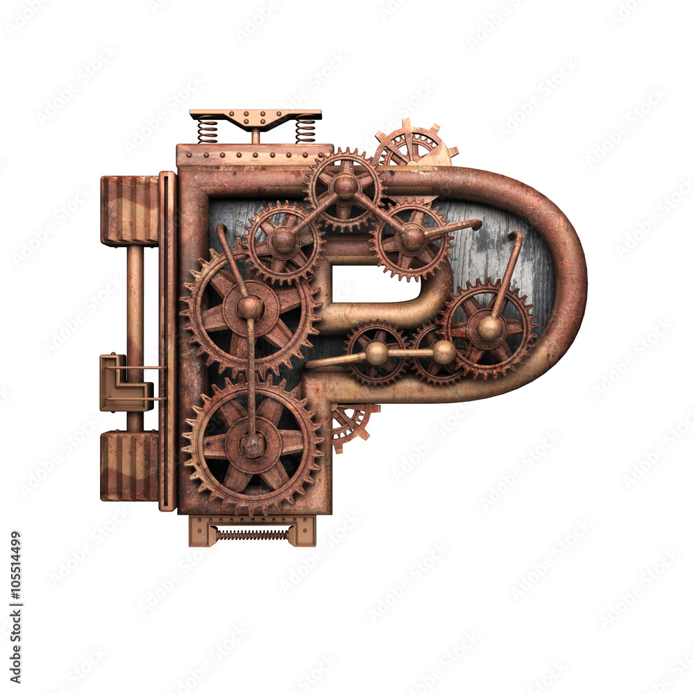 Fototapeta premium p isolated rusted letter with gears on white