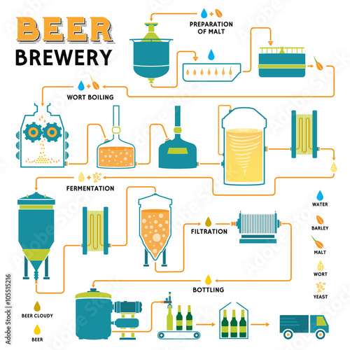 Beer brewing process, brewery factory production