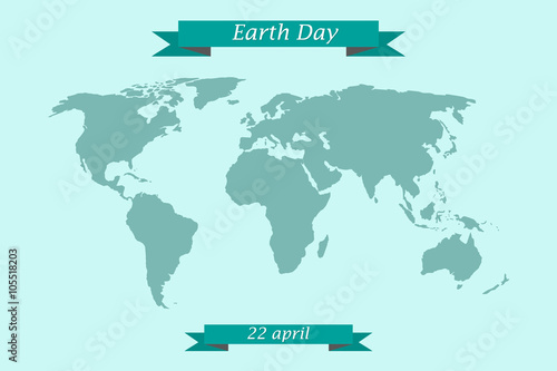 Earth Day April 22. World map with congratulatory ribbons
